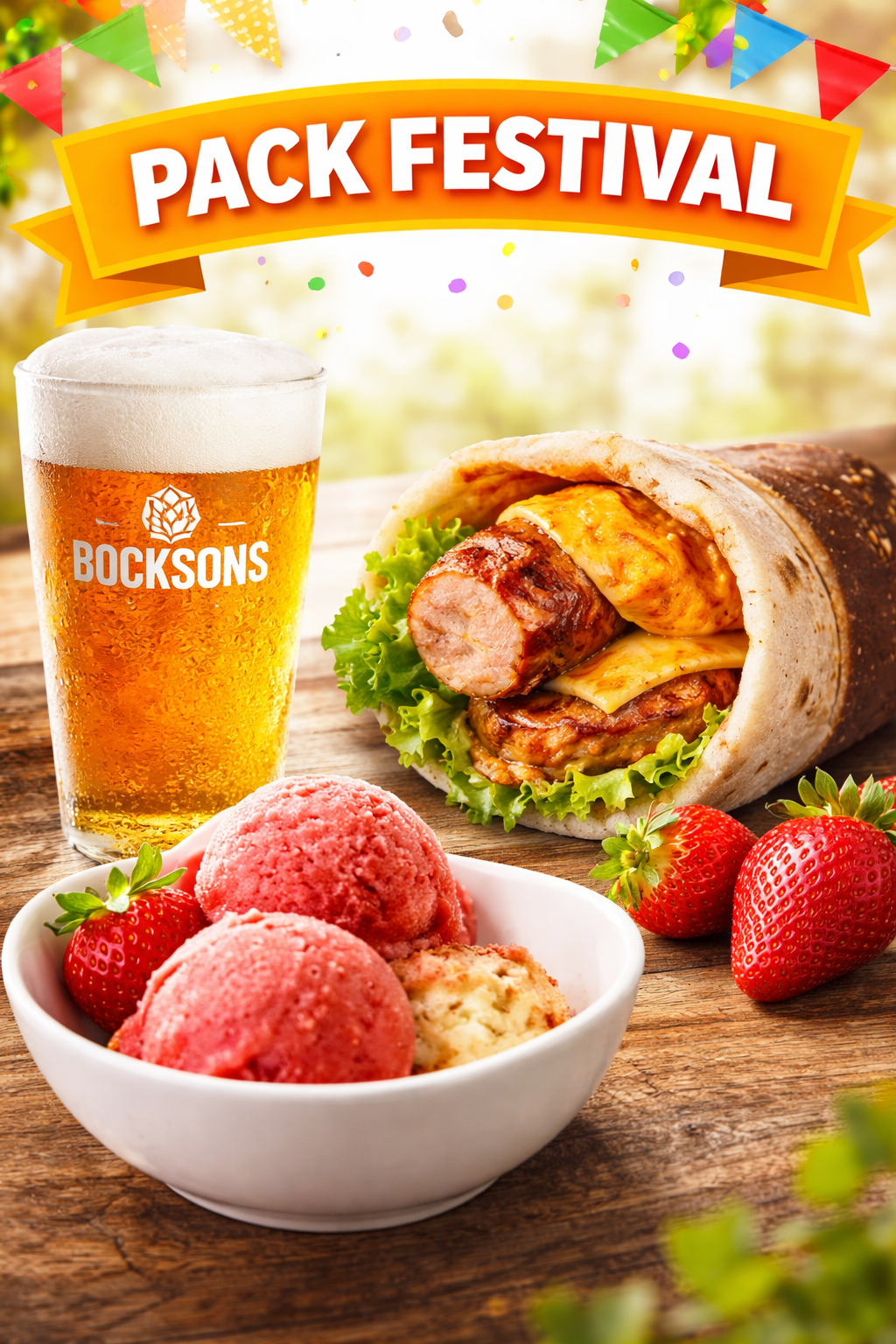 Offre pack festival avec bière artisanale, sandwich naan garni et dessert glacé aux fraises sur une table en bois