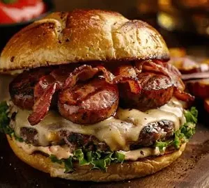Burger artisanal Morteau avec saucisse fumée, fromage comté et pain brioché sur une table rustique