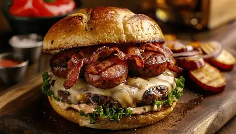 Burger artisanal Morteau avec saucisse fumée, fromage comté et pain brioché sur une table rustique